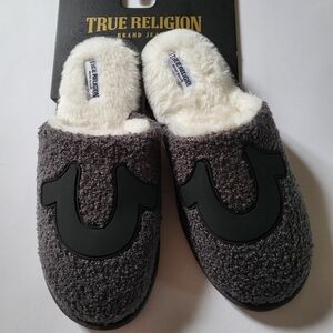 True Religion mens shearling slippers big logo size M XL 9 13 Gray